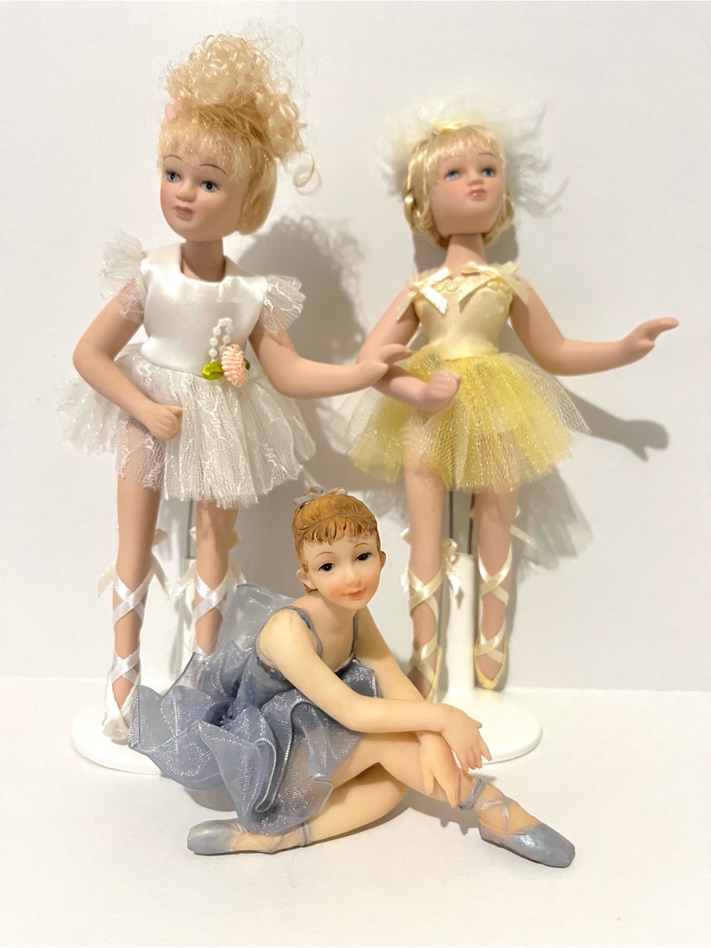 Vintage Set of 3 Ballerina Figurines - White, Yellow, Blue Dresses